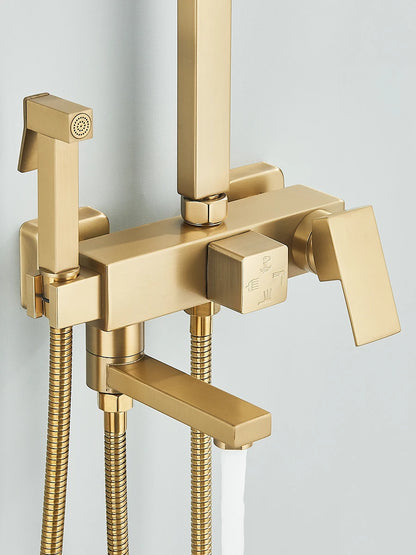 4 in 1 Gold Brushed Shower System Rainfall Shower Hot Cold Water Mixer With Bidet Faucet Bath Shower Faucet For Bathroom