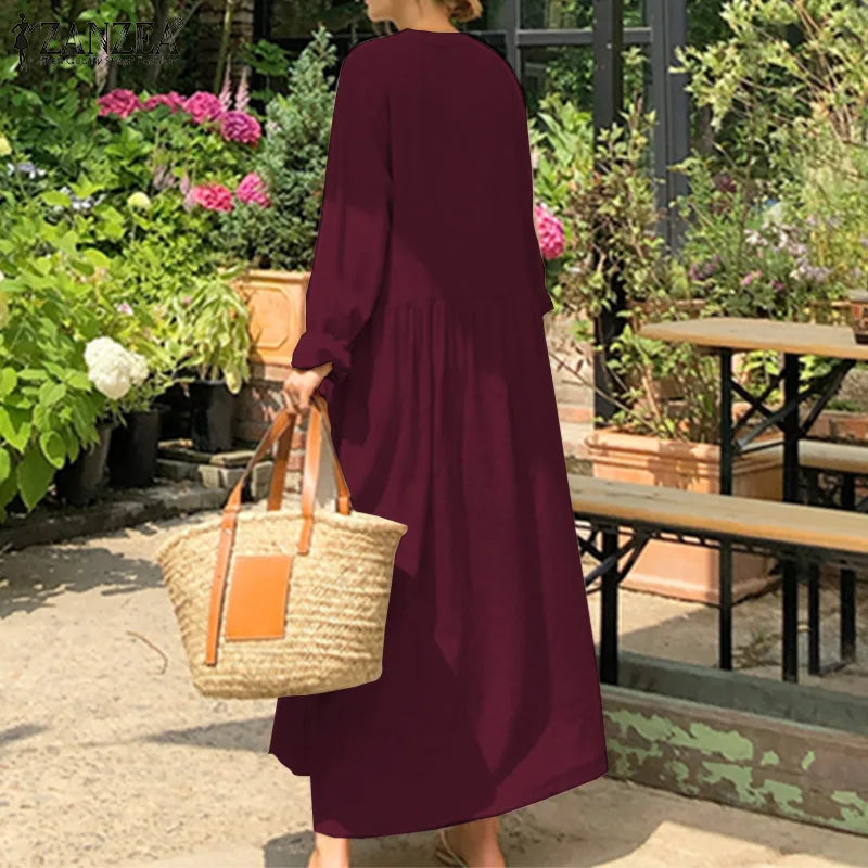 Women's Elegant Solid Cotton Robe Femme 2022 Spring Autumn Bohemian Maxi Dress ZANZEA Casual Long Sleeve Shirt Dresses Oversized.