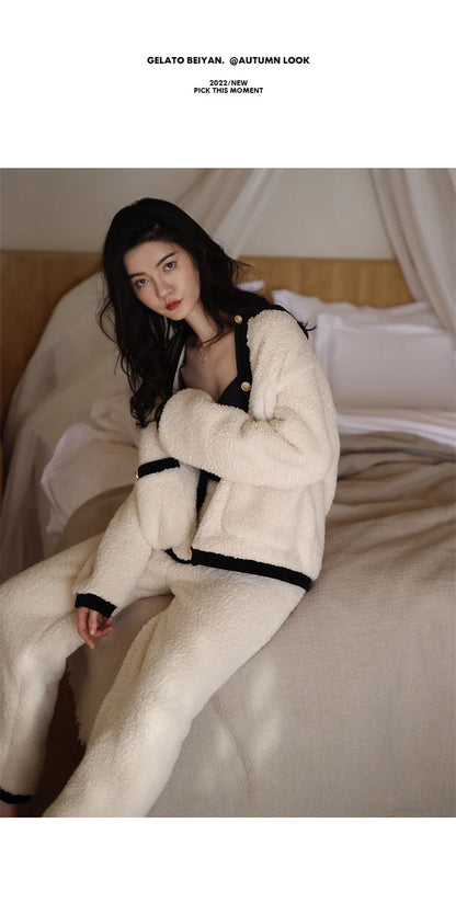 Winter Women Warm Fashion Pajama Sets Sweet   Elegant French Style Girlish Leisure Thicken Flannel Comfort Pajamas
