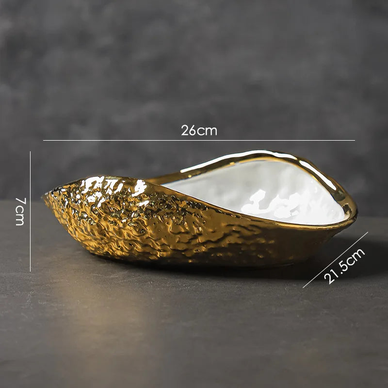 Shell-shaped Plate with Rock Pattern Household Gold-plated Ceramic Steamed Fish Soup Plate Hotel Fruit Salad Dessert Tableware.