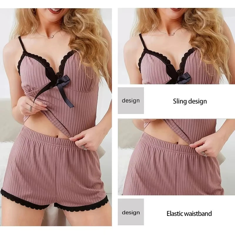Neues sexy geripptes Pyjama-Set für Damen mit Spitzenbesatz, Cami-Top und Shorts, zweiteilige Nachtwäsche, Loungewear, V-Ausschnitt mit Schleife, Spaghettiträger.