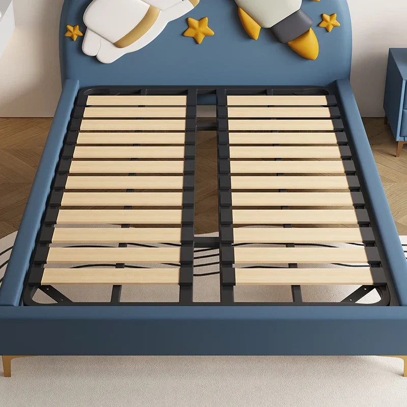 120 x 200 cm, blaues King-Size-Einzelbett, Doppelrahmen, luxuriös, 150 x 200 Heimpadder, Kinderbett, Kopfteil, zum Spielen auf einer Rutsche, Schlafzimmermöbel