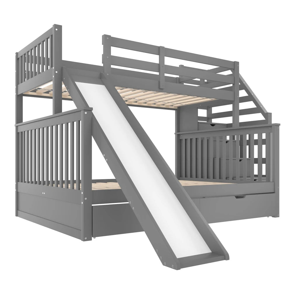 Etagenbett 90 x 200 über 140 x 200 mit Schubladen, Stauraum und Rutsche, multifunktional, Grau (ohne Matratze)