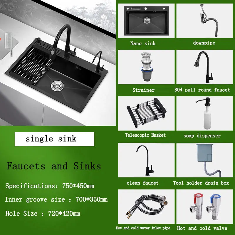 kitchen sink Black nano-sink single-slot household hand-washing basin kitchen large 304 stainless steel sink sink bowl