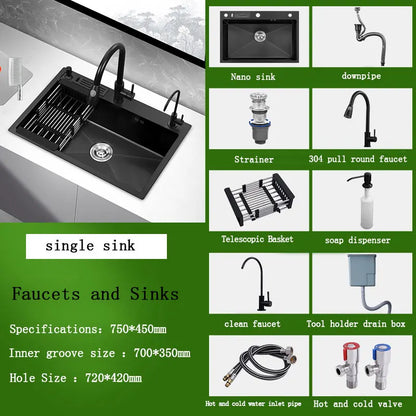 kitchen sink Black nano-sink single-slot household hand-washing basin kitchen large 304 stainless steel sink sink bowl