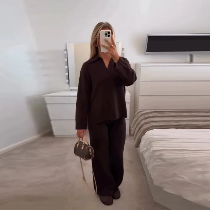 Casual Simple Loose Sweater Trousers Set Solid Color Retro Versatile Comfortable Streetwear Top Pants Commuting Women's Outfit.