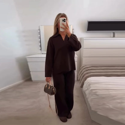 Casual Simple Loose Sweater Trousers Set Solid Color Retro Versatile Comfortable Streetwear Top Pants Commuting Women's Outfit.