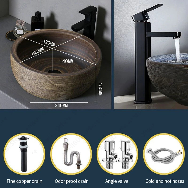 Braunes Keramikgefäß, Waschbecken, Waschtisch, Schüssel, ovaler Badezimmertisch, Waschbecken, Toilette, Balkon, Kunstbecken, über der Theke, Sockelwaschbecken