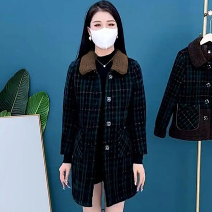 Frauen Plaid Mantel Karierten Winter Mutter Jacke Taschen drehen-unten Kragen einreiher Mid Länge Mantel Mid-aged frauen Mantel.