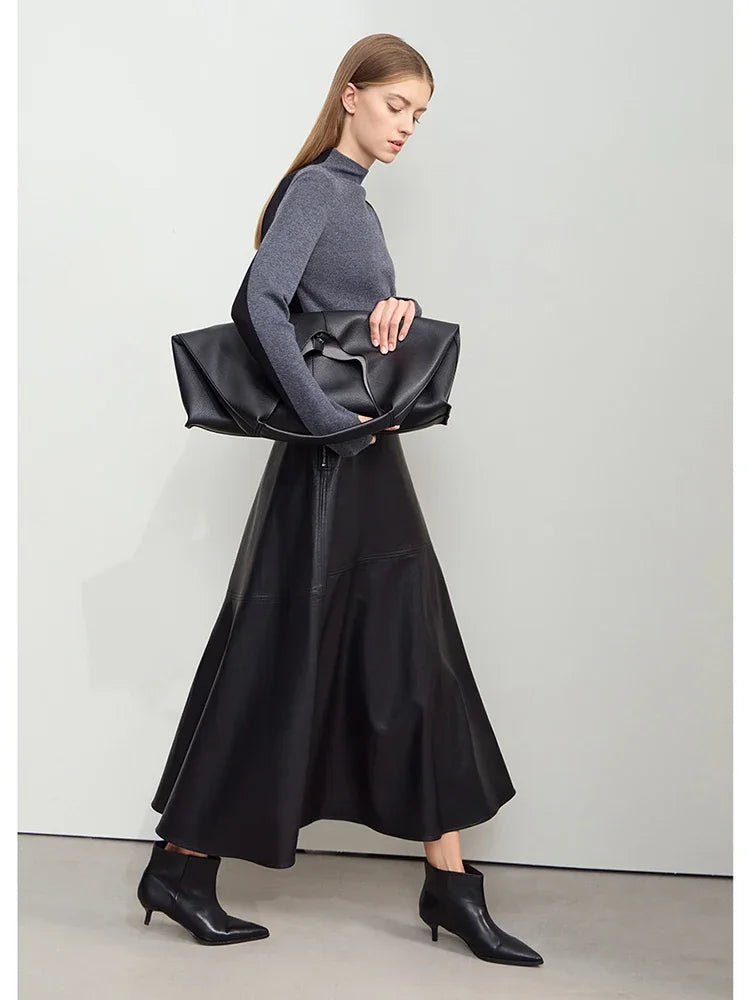 AMII Minimalist Elegant Commuter Environmentally Friendly PU Leather Skirt 2024 Winter New Women's Loose A-shaped Skirt 12444181.