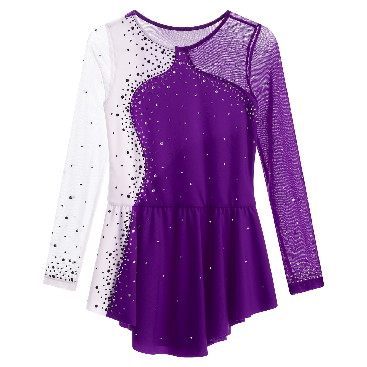 6-16Y Mädchen Eiskunstlauf Tanz Kleid Ballett Gymnastik Trikot Langarm Shiny Strass Sheer Mesh Leistung Dancewear