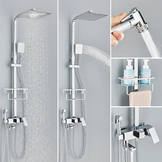 Rainfall Bathroom Shower Faucet Kit With Bidet Wall Mounted Stainless Steel Hot Cold Water Mixer Tap System With Rack,Tub Spout