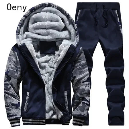 New Winter Fleece Thicken Men's Two-piece Zipper Sports Set Hooded Thermal Suit Casual Oversized Tracksuit 4XL 5XL Funny Suit.