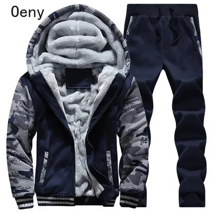 New Winter Fleece Thicken Men's Two-piece Zipper Sports Set Hooded Thermal Suit Casual Oversized Tracksuit 4XL 5XL Funny Suit.