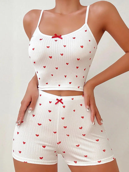 Frühlings- und Sommer-Nachtwäsche für Damen, Pyjama, Herzdruck, lässig, rückenfrei, bauchfreies Cami-Top und hohe Taille, dünne Shorts, Loungewear.