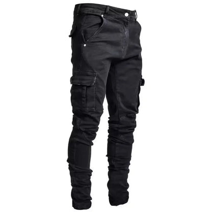 Männer Straße elastische Jeans Jeans waschen einfarbige Multi-Taschen Cargo hose lässig Slim Fit täglich tragen Jogger mittlere Taille Hose.
