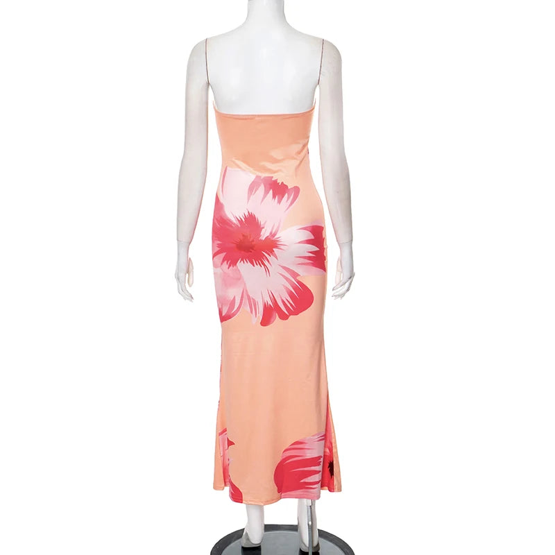 CUTENOVA Damen 2024, neues, mit Blumenmuster bedrucktes, schlauchloses Kleid, lässig, Urlaub, schulterfrei, schlank, Strand, bodenlang, langes Kleid.