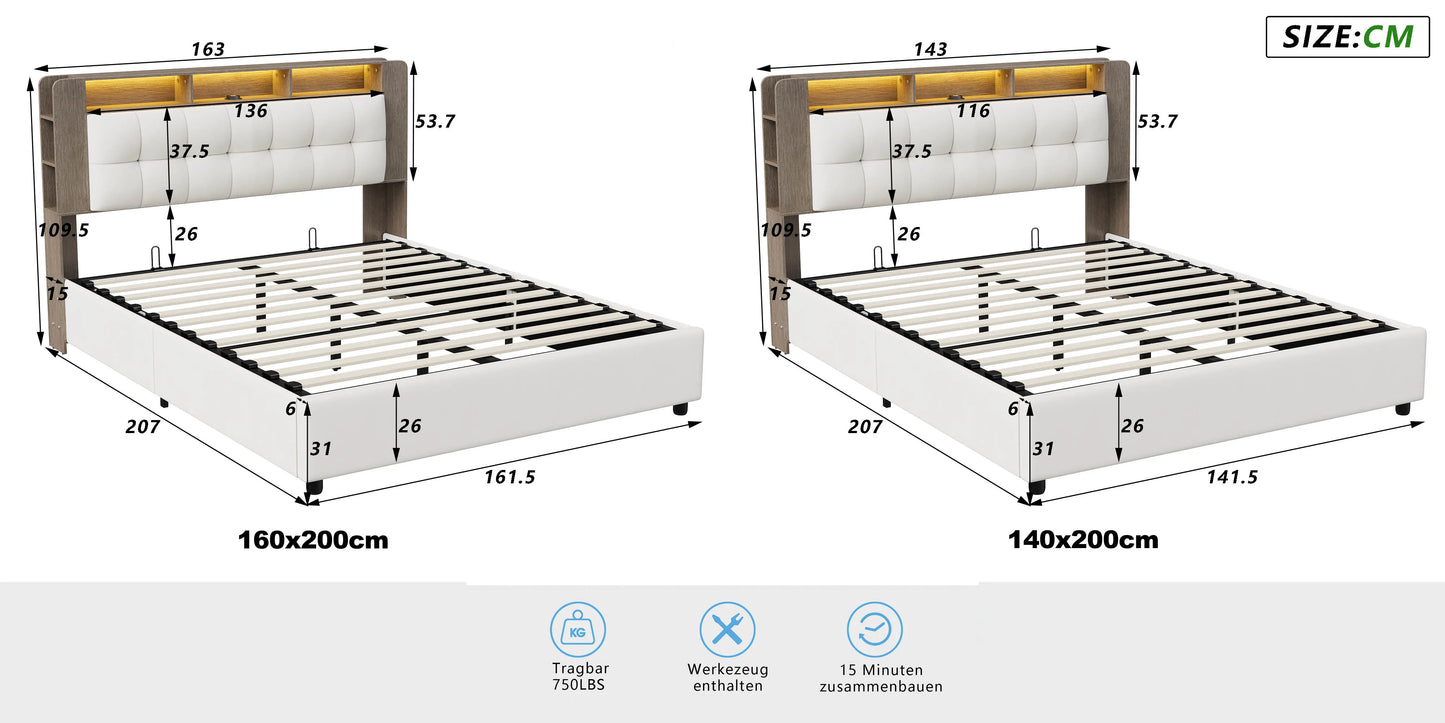 Lazyspace Samt-Rückenlehne, Holzlatten, hydraulisches Bett mit Bettkasten, Einzel- und Doppel-RGB-LED-Polsterbett, Bettrahmen