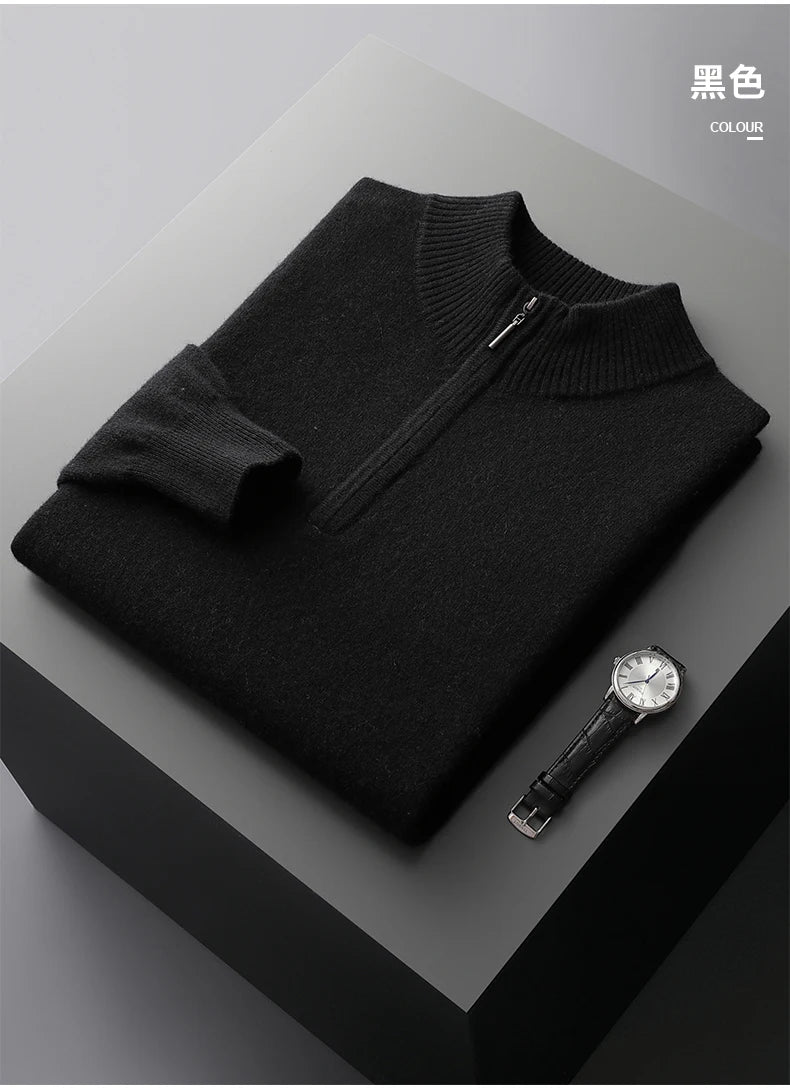New Half Turtleneck Zipper Men's Pullover 100% Cashmere Sweater Solid Color Casual Versatile Wool Sweater Men's Clothing