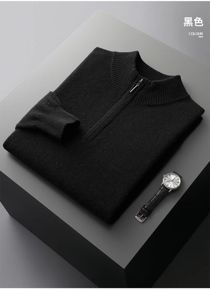 New Half Turtleneck Zipper Men's Pullover 100% Cashmere Sweater Solid Color Casual Versatile Wool Sweater Men's Clothing