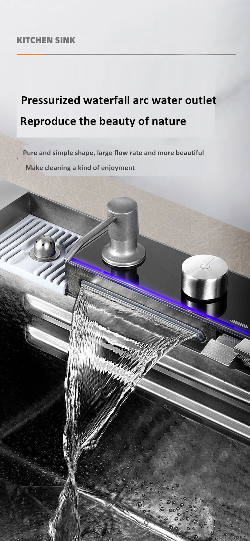 Kitchen Basin Stainless Steel Waterfall Sink Large Single Slot Integrated Digital Display Faucet Set Soap Dispenser Cup Washer