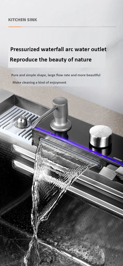 Kitchen Basin Stainless Steel Waterfall Sink Large Single Slot Integrated Digital Display Faucet Set Soap Dispenser Cup Washer