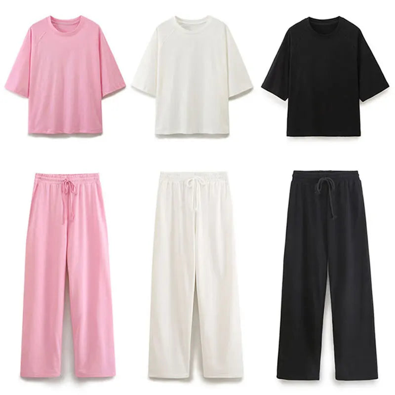 HH Women Casual Sport Pant Suit Vintage Solid Short Sleeve O Neck T-Shirt + Drawstring Jogging Pants Woman Commuting Sets.