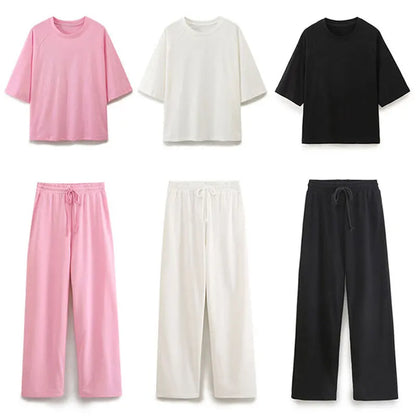 HH Women Casual Sport Pant Suit Vintage Solid Short Sleeve O Neck T-Shirt + Drawstring Jogging Pants Woman Commuting Sets.
