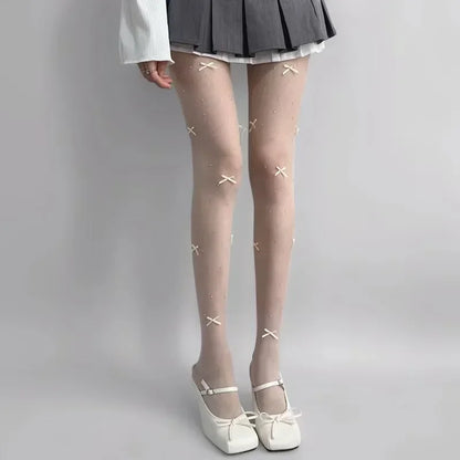 New Lolita Velvet Bowkont Embroidery Pearl Tights Pantyhose Flash Diamond Women Tight JK Style Sweet Girls Kawaii Cute Stockings.