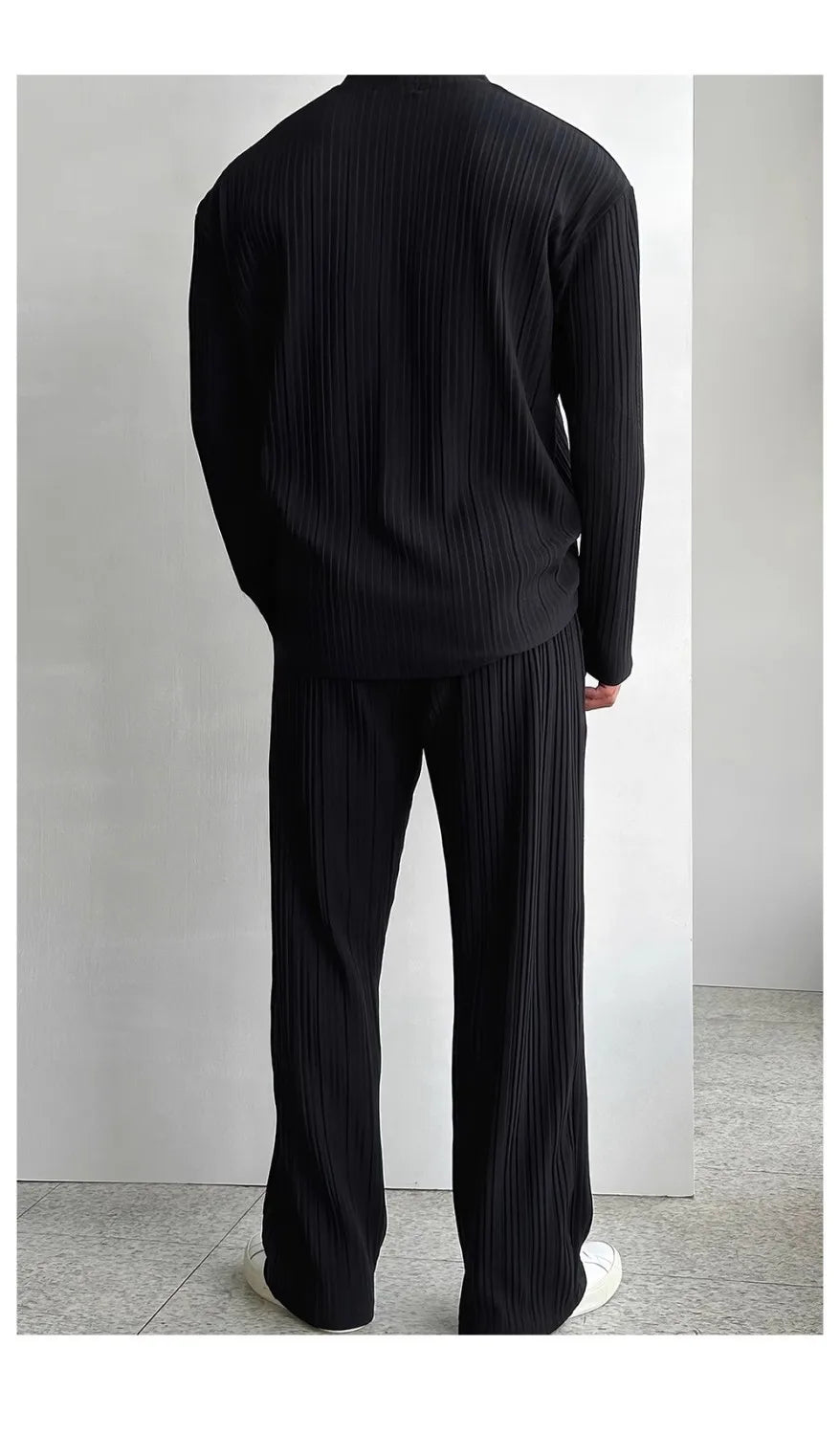 Thin Solid Color Sexy Deep V Cardigan Knitted Sweater Shirt Casual Fashion Suit Two-piece Sets for Men.