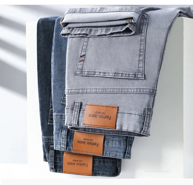 Brand Men's Fashion Summer Thin Jeans Comfortable Stretch Cotton Business Straight Casual Denim Pants Light Gray Blue Pants.