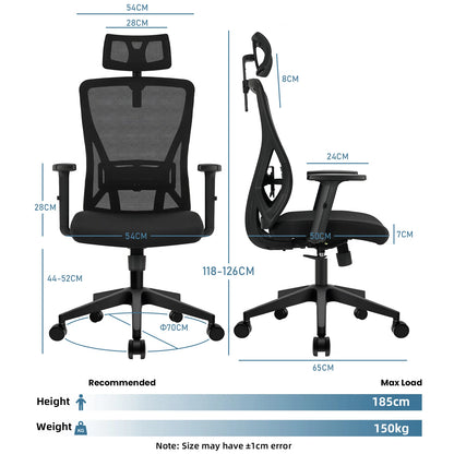 Durrafy Ergonomischer Bürostuhl, Bürostühle, Schreibtischstuhl mit verstellbarer Kopfstütze, Armlehnen, 150 kg Tragfähigkeit, Schwarz
