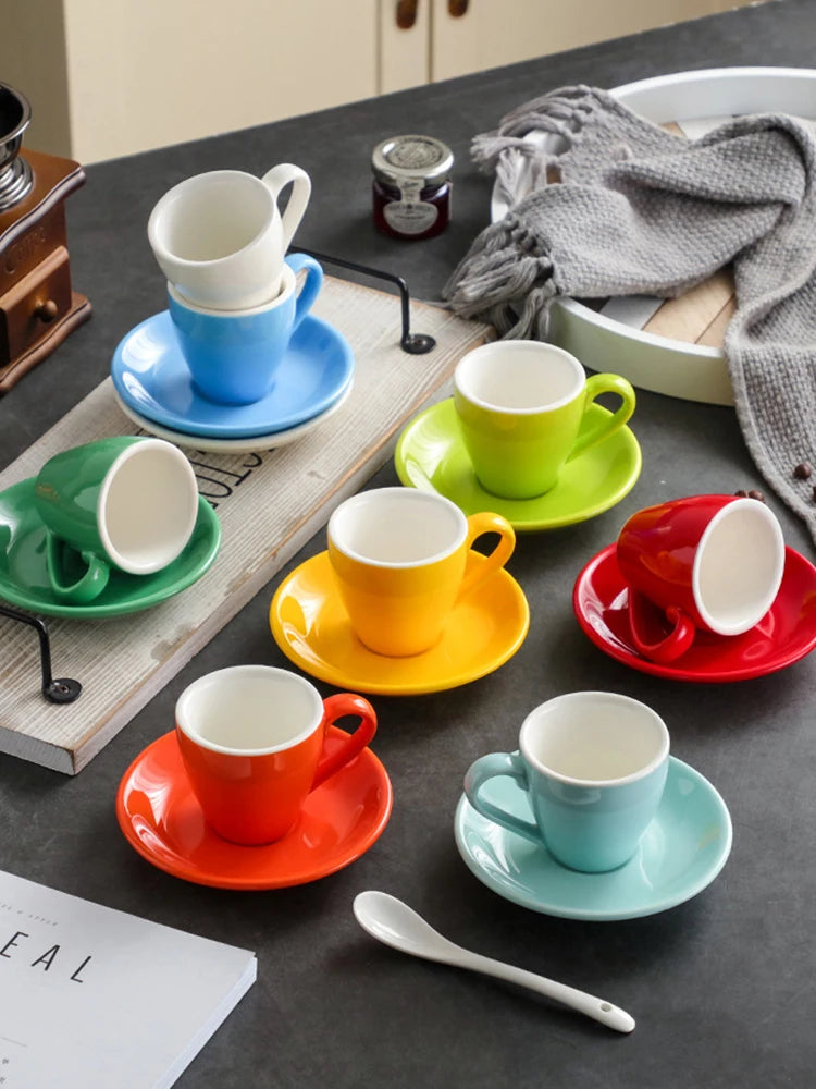 80ml Ceramic Coffee Cup and Saucer Espresso Cups Porcelain Afternoon Teacup Breakfast Milk Mug Cute Pottery Mugs Wholesale.