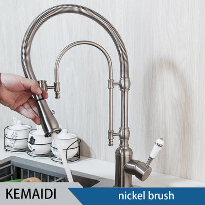 KEMAIDI Golden Spring Pull Down Kitchen Sink Faucet Hot & Cold Mixer Crane Tap with Dual Spout Deck Mounted Hot Cold Faucets