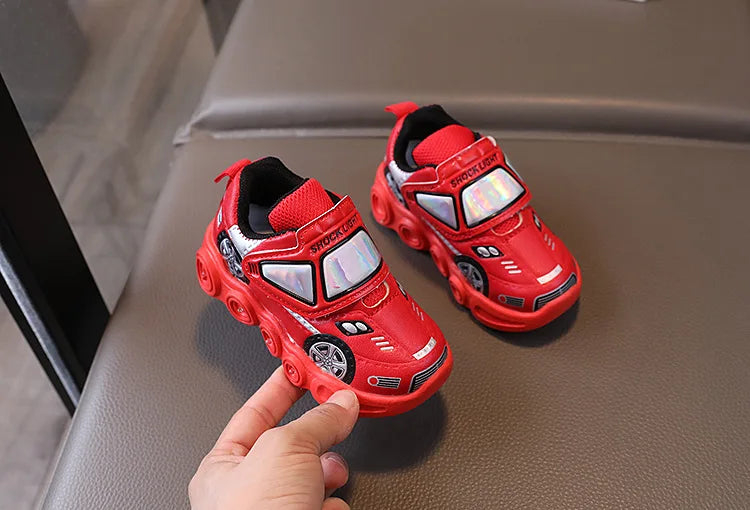 Diseny Kids'Casual Shoes Led Light Car Club Cartoon PU Leather Spring Shoes For Children Anti-slip Red Blue Shoes Size 21-30.