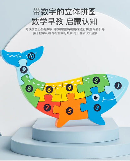 3D Stereoscopic Montessori Wooden Puzzle Cartoon Dinosaur Animal Shape Color Cognitive Educational Game Toy Kids Birthday Gift.