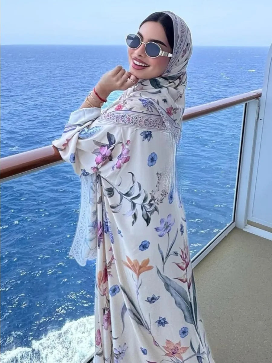 Eid Frauen Abaya Blume Drucken Offene Strickjacke Schal Party Kleid Muslimischen Langarm Jalabiya Ramadan Abayas Kaftan Arabischen Lange Robe.
