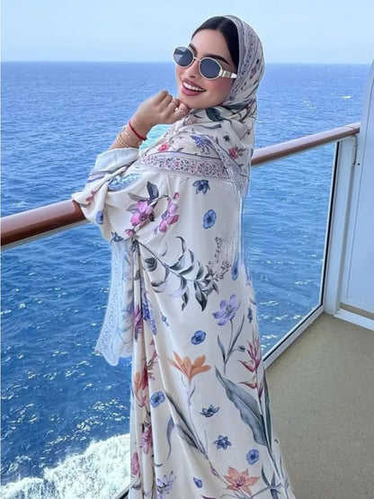 Eid Frauen Abaya Blume Drucken Offene Strickjacke Schal Party Kleid Muslimischen Langarm Jalabiya Ramadan Abayas Kaftan Arabischen Lange Robe.
