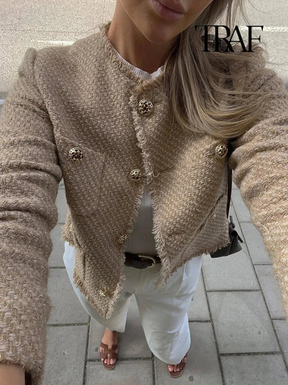 Women's Autumn and Winter Long Sleeve Short Jacket Fashion Solid Colour Front Pocket Button Jacket Elegant Casual Jacket.