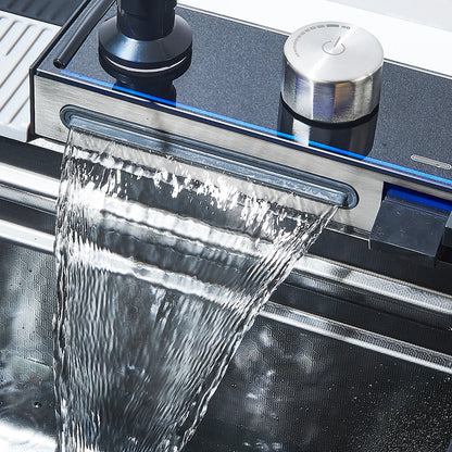 Wasserfall-Küchenspüle aus Edelstahl 304, großes Einzelschlitz-Wasserhahn-Set mit integrierter Digitalanzeige, Seifenspender, 75 x 45 cm