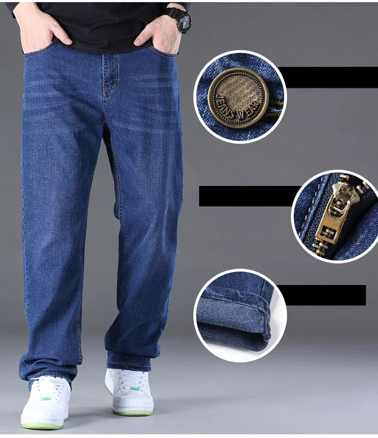 Große Größe Herren Jeans High Stretch Denim Stoff Große Größe Hosen für 45-150 kg Jeans Hombre Jeans mit weitem Bein Pantalon Homme.