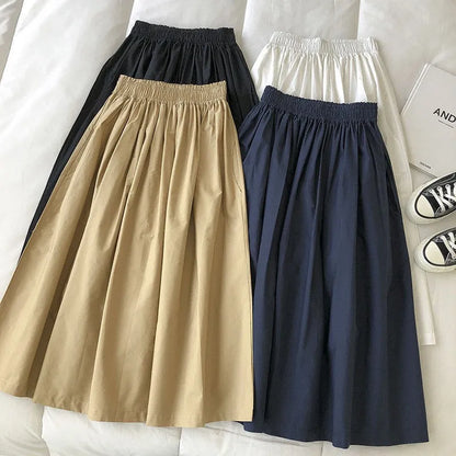 Women Black skirt midi High waist korean style Pleated a line Vintage Clothing 2025 new Summer Casual Fashion Ladies Work Wear.