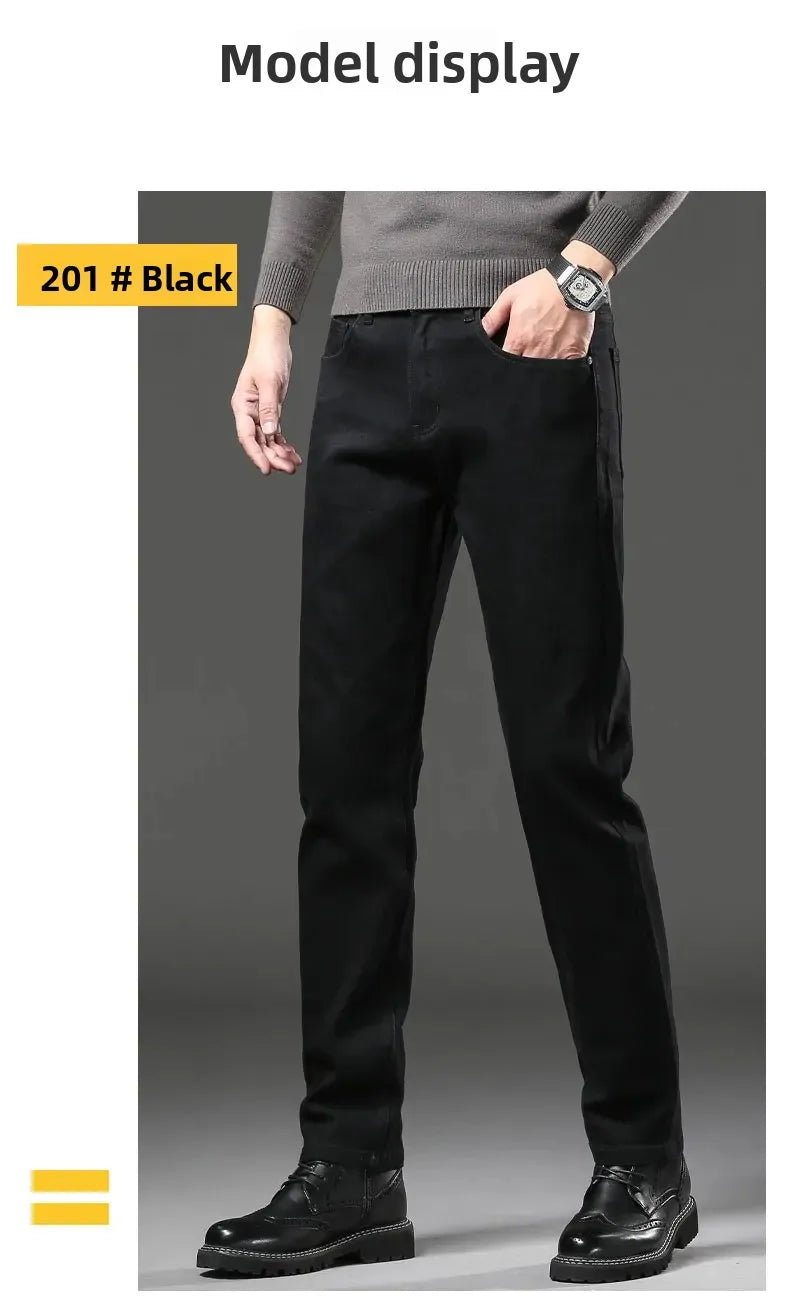 Men's Black Straight Leg Jeans Casual Elastic Business Pants High Waist Slim Fit Long Trousers New 2025 Gray Color.