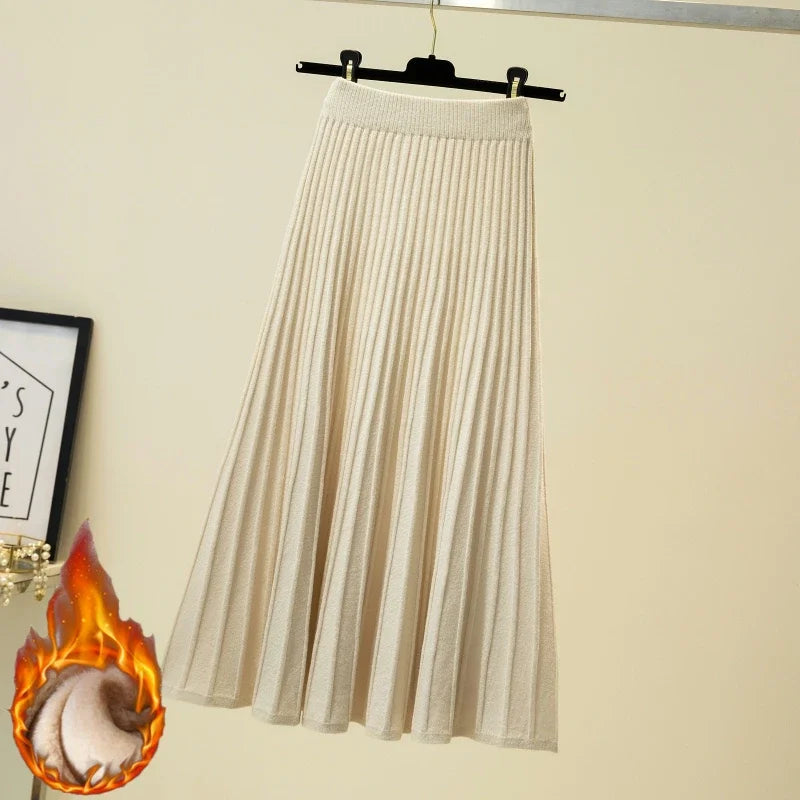 2025 Brand Designer Women Autumn Winter Thick Elegant Chic Solid Pleated Skirt High Waist Luxury Fashion With Elastic Female.