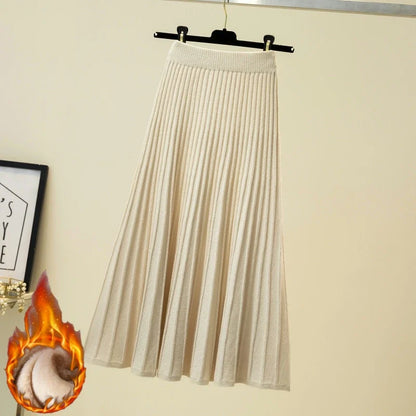 2025 Brand Designer Women Autumn Winter Thick Elegant Chic Solid Pleated Skirt High Waist Luxury Fashion With Elastic Female.