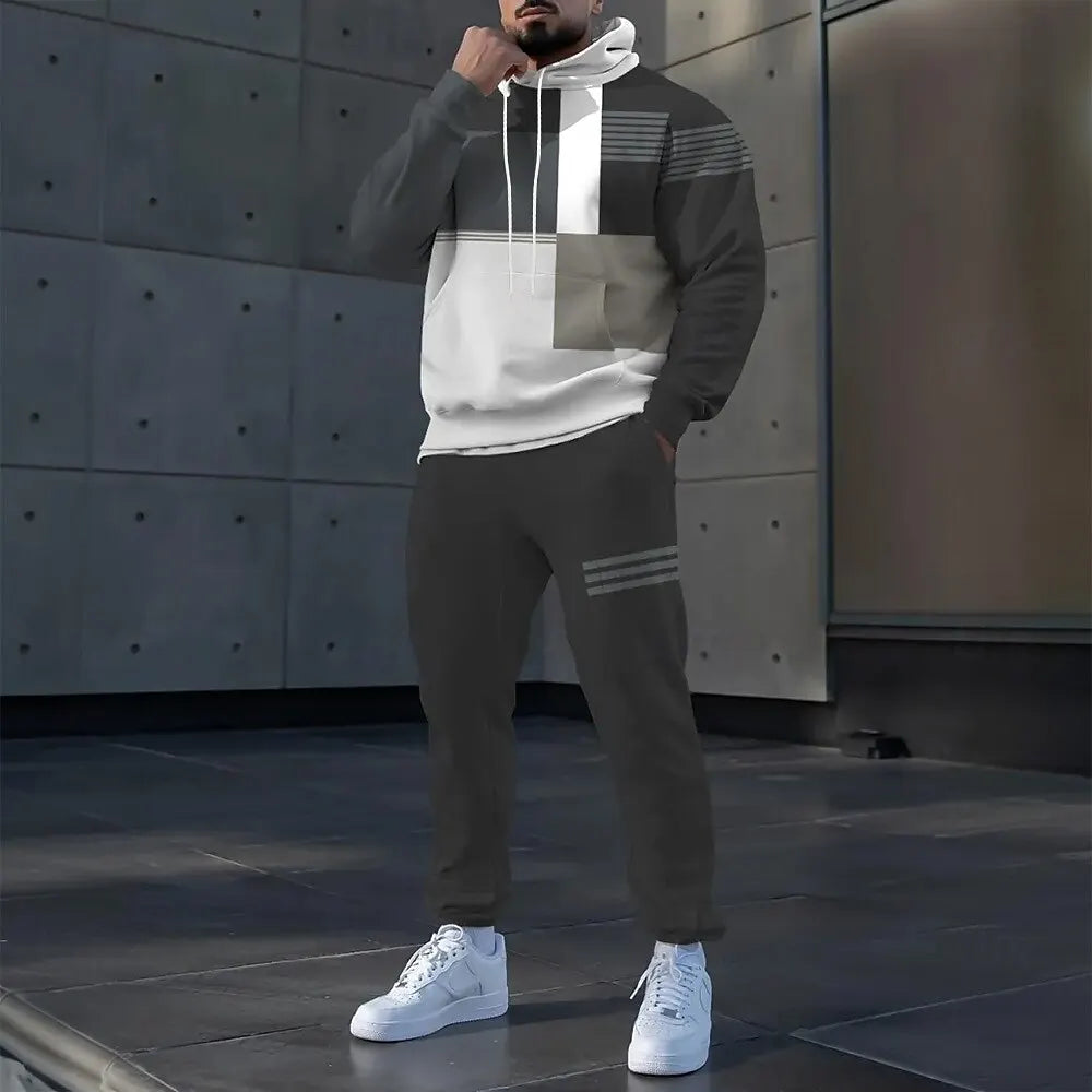 Simple Stripe Print Men's Hoodies Sets Autumn Winter Casual Sweatshirt Pants 2 Piece Fashion Tracksuits Outdoor Street Clothing.