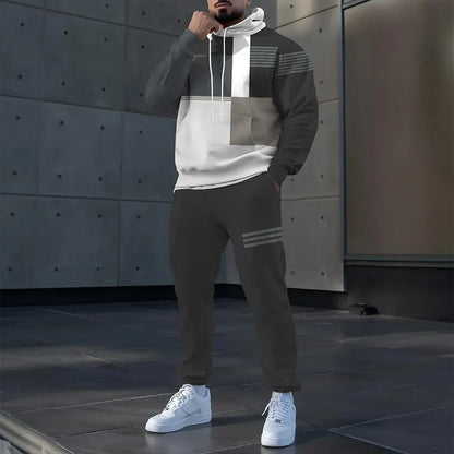 Simple Stripe Print Men's Hoodies Sets Autumn Winter Casual Sweatshirt Pants 2 Piece Fashion Tracksuits Outdoor Street Clothing.