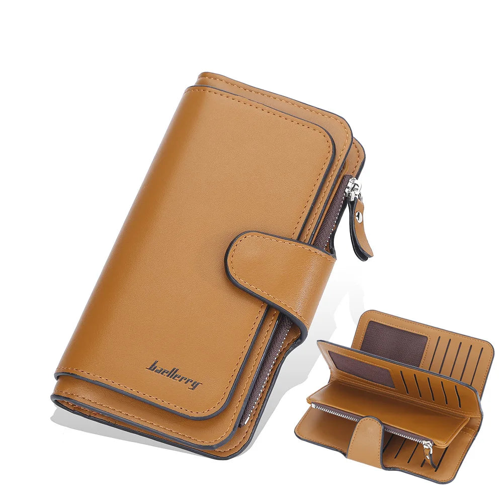 Large Capacity Women's Long Leather Wallet Zipper Buckle Multi-Card Triple Fold Coin Purse Clutch Bag Card Holder.