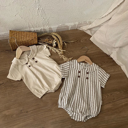 Sommer neue adrette Art Baby Body suits Hemd Kragen Mädchen Jungen Bodysuit atmungsaktive Leinen einteilige Baby kleidung.