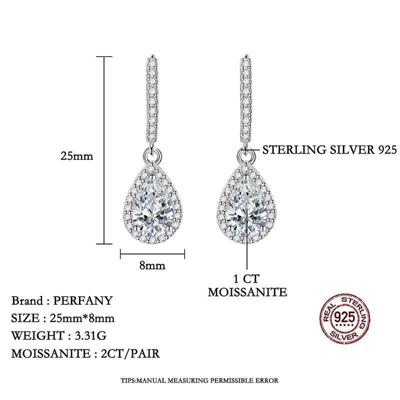 PERFANY 1CT Pear Cut Moissanite Earrings for Women S925 Pure Silver Laboratory Cultivated Diamonds Elegant Wedding Jewelry.